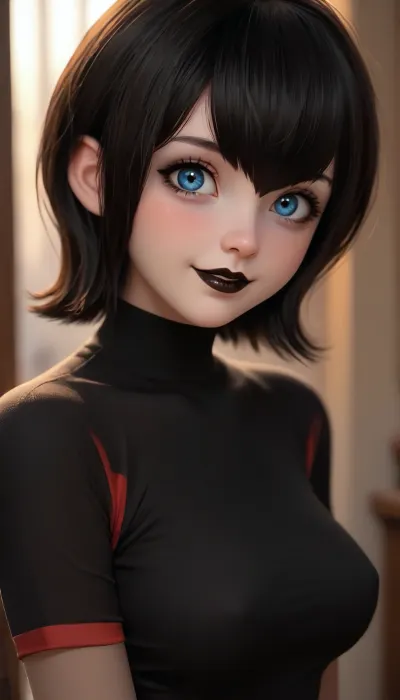 Mavis Dracula from hotel transylvania, black hair, short straight hair, hair between eyes, blue eyes, dark eyeliner, pale skin, goth girl, (black lipstick:1.5), (shy smile), cute, small nose, athletic body, looking at viewer, ((large round breasts)), (((half body view))), view from side, (((focus on face))), <lora:Midjourney Image Enhancer XL v1:.6>, <lora:SDXLHighDetail_v6-000005:.4>, <lora:detailed_notrigger:.6>, <lora:attractive_notrigger:.6>