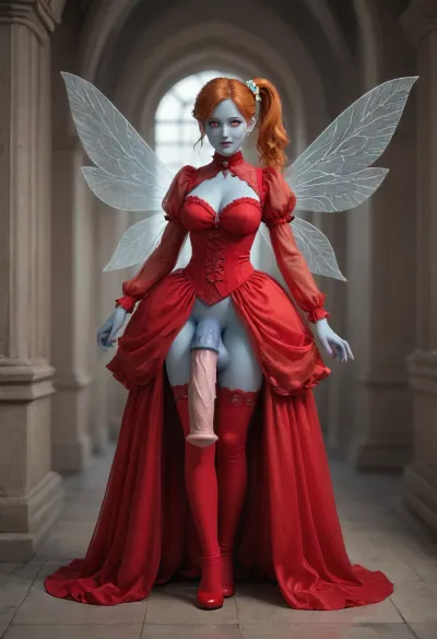 futanari, devil, evil, red skin, ginger, ((youthful small very puffy pointed ski-jump breasts with huge areolas:1.3)), natural breasts, cleavage, ((massive heavy detailed red equine cock and balls:1.3)), excessive pubic hair, (old milf:1.11), tiny odd little pixie, long spindly arms and mantis-like proportions, no pupils, glowing eyes, anime style, blue skin, f/1.4 lens, bokeh, tiny Daisy fairy princess, insect wings, see-through gossamer, in heat, in a video game, bombshell hair, glowing ginger hair, side ponytail, handstand, show full body in view, victorian, red dress, cyborg, style, android, <lora:EnvyPixieXL01:.8>, <lora:victorian_dress-XL-2.0:.8>, <lora:cyborg_style_xl-alpha:.8>