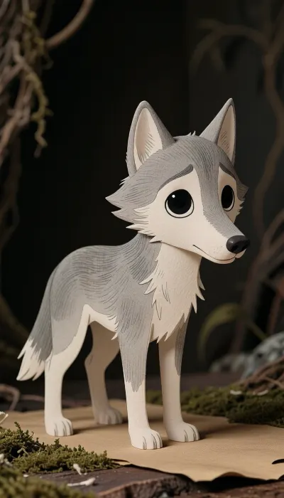 An authentic 2D original character animation cell from Yuri Norstein's Tale of Tales, artwork designed by Francesca Yarbusova. A tiny, small, melancholic grey wolf cub with very large, round, glowing sad black eyes. Minimalist and soft aesthetic. The wolf is drawn with fine, delicate grey graphite pencil hatchings and soft washes of translucent muted grey watercolor on vintage paper. The fur consists of simple, light, wispy pencil strokes along the back and neck, minimalist hand-drawn texture. Thin fragile legs, small rounded body, long pointed snout.

Traditional 2D paper cut-out aesthetic, completely flat art, warm sepia and dark muted background, poetic retro Soviet animation style from 1979. Nostalgic, tender, gentle, simple, handmade storybook illustration. No 3D rendering, no hyperrealism, no dark fantasy, no clothing, no monster features, no digital texture, no moss.