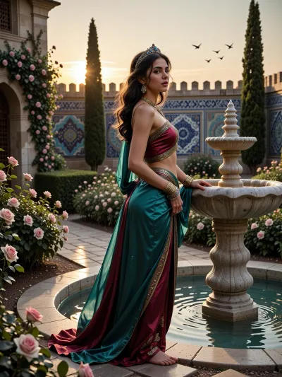 A radiant young concubine with most beautiful face, stands at the edge of a marble fountain, she has a wistful, faraway expression as she gazes to upper corner of the frame. She wears a vivid jewel-toned silk caftan, emerald and ruby tones catching the breeze as it sweeps gently around her, gold jewelry glinting at her wrists and throat, her dark hair adorned with an ornate jeweled headpiece. Around her, the Ottoman palace garden unfolds in full bloom, roses climbing along stone pathways, slender cypress trees standing like silent sentinels, and in the distance, walls decorated with intricate Iznik tile patterns in blue and turquoise. birds crossing the sky above the palace walls. There is a quiet longing in her posture, a private moment stolen between duty and daydream, as though for this instant she belongs not to the palace but to the sky she watches. The late afternoon sun falls in warm golden light across the garden, catching the water’s surface in scattered reflections and wrapping her silhouette in a soft, painterly glow, the whole scene rendered with rich, saturated color and a cinematic, emotional atmosphere.