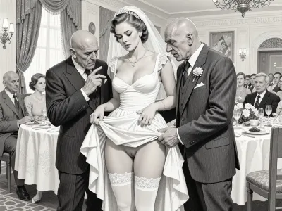 This is is a detailed monochromatic pencil drawing in a classical illustrative style depicts a scene set in USSR, in 1950s, a striking busty bride in a white dress, ((2 ugly bald old men roughly pawing her labia with their fingers)), 2 ugly bald old men mocking, on a festive table during the wedding banquet, She lifts the hem of her wedding dress with her hands, white lace panties, her white stockings are visible, family and parents are watching in their best clothes, a large banquet hall, They celebrate the wedding without noticing the bride, The overall mood is intense, rendered in fine, expressive line work and subtle shading, evoking the style of 1950s satirical or moralistic illustrations.