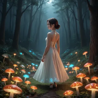 score_9, score_8_up, score_7_up, masterpiece, (blue glowing mushrooms), green glowing mushrooms, (red glowing mushrooms), ((growing in a circle)), small female figure, wearing a white dress, standing beneath the mushrooms, back to the viewer, best quality, absurdres, extremely detailed, 2d, source anime, mystical forest, night, bioluminescent fungus, starlight, rendered, distance shot, rule of thirds, <lora:add-detail-xl:.5>, <lora:ClearHand-V2:.8>, artmgn, <lora:artfullyIMAGINE:.8>