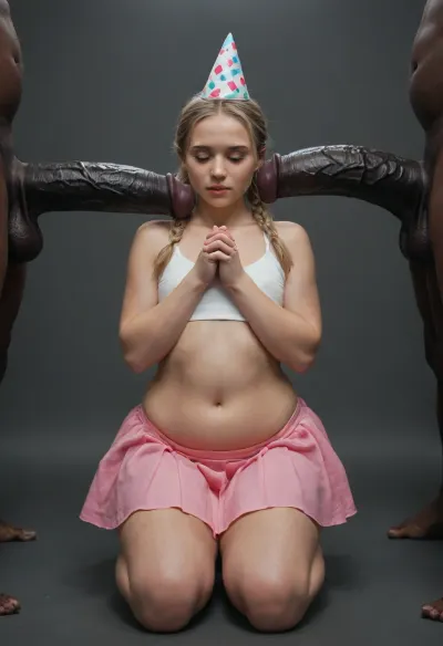 A fat chubby obese girl blonde braided pigtails, flat-chested, kneeling, wearing a pink mini skirt and a white crop top, birthday party hat. 4 giant muscular black men standing near her, massively huge giant black veiny equine hyper-cocks. 4 Black dicks, dark background, full body front View, facing viewer, 4 black cocks only, 4 giant black monster cocks, eyes closed, folded hands praying saying a prayer making a wish, 4 giant black veiny body-sized equine hyper-cocks, praying, giant black men