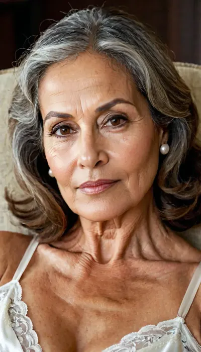 South Asian mature woman, 70 year old, face oval shape with harmonious proportions while displaying realistic signs of healthy aging. A broad, high forehead shows horizontal wrinkles and faint vertical lines between the eyebrows. The eyebrows remain naturally full with a gentle arch but sit slightly lower because of mild age-related brow descent. Large, almond-shaped hazel-brown eyes remain the most striking facial feature, although mild upper eyelid hooding, under-eye hollows, slight puffiness, and fine crow’s feet contribute to a mature appearance. The nose remains straight, symmetrical, and proportionate, showing minimal age-related change. The cheeks exhibit moderate volume loss and reduced fullness, resulting in more pronounced nasolabial folds and softer facial contours. The lips remain moderately full with a gentle smile, though they appear slightly thinner and display subtle fine lines. The jawline is softer and less defined, with mild skin laxity extending beneath the chin into the neck, where vertical platysmal bands and horizontal neck lines are visible. The skin maintains a healthy glow despite fine and moderate wrinkles around the eyes, forehead, and mouth. Thick, dark, softly waved hair with minimal visible graying frames the face, enhancing a well-groomed appearance. Lying back in an oversized chair with her, legs slightly open, black nylon panties, and a lose white night dress