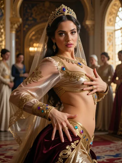 A beautiful concubine of the great sultan, a young woman with large, expressive eyes framed by thick eyelashes, full lips, and long dark hair gathered back beneath a translucent, light-coloured veil. On her head is an openwork golden tiara set with a large blue gemstone. Her gaze is confident and direct. She wears a sumptuous harem costume, a luxurious top with long, semi-transparent sleeves, richly embroidered with golden motifs and adorned with gemstones, featuring a plunging neckline and an exposed midriff. A wide gold belt set with the same gemstones. The lower part consists of a dark burgundy velvet skirt with a gold trim. She wears gold drop earrings, a gold necklace with a large sapphire, and gold rings on her fingers. One hand rests on her chest, the other on her hip. She is dancing in a sumptuous palace hall with high gilded arches, blue-and-gold murals, marble columns and a large arched window through which soft, warm daylight streams. In the background are the blurred figures of other concubines. An atmosphere of oriental opulence, the sultan’s harem, soft, three-dimensional lighting, highly detailed textures of skin, fabrics and gold – a masterpiece, of the highest quality, exceptionally detailed