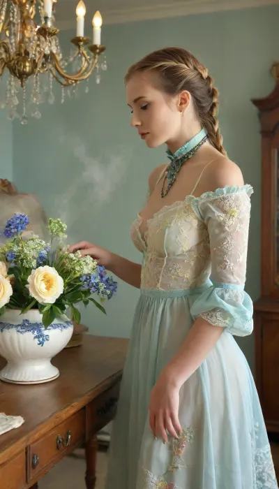 Couture, Colourful steam, beautiful lady arranging flowers in a antique vase, long gown, emerald collar, delphiniums, peony, peppermint, embroidered lace, chandelier, glittery smoke, beautiful model braided hairstyle, light rose, light green, light yellow, babyblue, and peach, <lora:MJ52:.7>