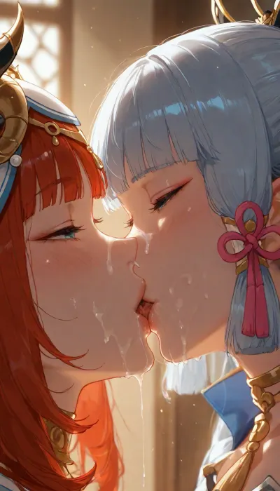 2 girls, face profile. Close up. Face focus. French kiss. "Waist-up portrait, 90-degree side view, (profile), 3/4 body view, upper body clearly visible, medium distance, natural lighting, realistic photo", Kamisato Ayaka from Genshin Impact, Nilou from Genshin Impact. Both are wearing their outfits, half open eyes. 2 girls kissing, french kiss. cum dripping from mouth. Cum on nose. Facial. French kiss, cum dripping from face, blushing, naughty face, sunlight in, LoRA_SDXL_ARW_0010, 1.5>, kamisato_ayaka, tassel, breastplate, japanese_armor, japanese_clothes, dress, armored_dress, <lora:add-detail-xl:2>, <lora:MJ52:1.2>, <lora:shenli3:1>, nilou, 1girl, solo, horns, veil, navel, <lora:nilou2x_xl:.8>