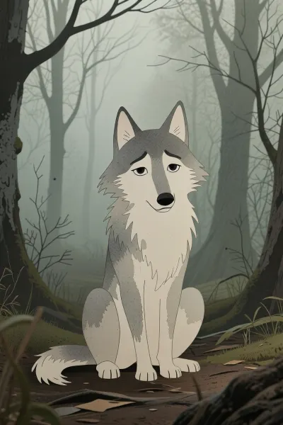 A wide cinematic still from a 1970s Soviet animated masterpiece, directly in the fine-art style of Yuri Norstein and Franceska Yarbusova. A solitary, small, melancholic grey wolf sitting in a silent, misty twilight forest. The wolf is drawn with extremely soft, delicate ink line-art and painted with translucent, muted wash textures—it is a fluid, gentle, hand-painted character silhouette, NOT a paper craft or 3D model. His eyes are large, sad, and expressive, painted with soft charcoal smudges. The background is an atmospheric, ethereal forest rendered in soft gouache, ink-wash, and graphite, with faint silhouettes of bare trees fading into a heavy, damp fog. Color palette is strictly earthy, pale, and monochrome, soft washed ash-grey, muted moss green, charcoal, aged cream, and subtle sepia tones. Soft focus, subtle lens haze, 35mm film grain, atmospheric depth, melancholic fairytale mood, quiet and poetic Eastern European fine-art animation frame. --no paper craft, cutout, mosaic, 3d render, vector, sharp edges, piñata, digital art, origami, paper textures