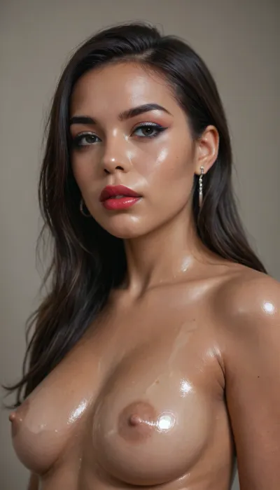 (1woman), (Close-up girl), (long hair), (((little curvy))), (((latin woman))), (((brown skin))), (((nose earrings))), (((lipstick))), standing, face, chest, flat stomach, hips, (((medium round breasts))), (hourglass figure), straight long black hair, (((oiled skin))), (detailed black eyes), (((makeup))), long big thick eyelashes, ((1man, standing beside woman, masturbating))