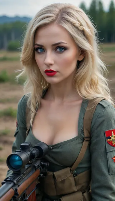Russian sniper woman od II World.Wr, Full Body, Full view, blonde hair, Blue eyes, red lip stock, Glamour make-up, on battlefield, fucked by german soldier, lyingfloor, <lora:xl_more_art-full_v1:.8>