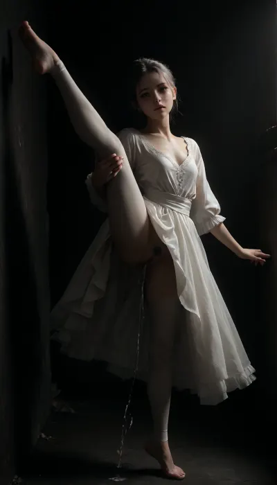 50 year old ballerina standing, ballet robe, one leg raised, (((vagina ejaculating on viewer))), pussy squirt, age lines on face and body, pale, very long grey hair, grey pubic hair, ballet tights, ballet skirt, barefoot, red pedicure, intense orgasm facial expression, dark ballet hall, abandoned ballet hall, (red and blue neon lighting), (black and white horror scenes projected onto all walls in the background), (photorealistic), (realistic), 1D, seamless, 20D, <lora:Adjust_SDXL_v3.0:2>, <lora:detailed_notrigger:2>, <lora:dark:2>, <lora:CinematicStyle_v1:2>, <lora:add-detail-xl:2>
