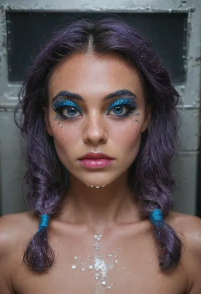 (Am I a very bad girl?), (milk on body:1.2), ((makeup:1.5), long fake eyelashes, blue eyeshadow with glitter), detailxl, res, raw, photo, epiCNegative, m3tall1c, makeup, portrait, metallic, (she's watching a porn movie on the monitor), I'm sitting with my legs apart. on a high stool, legs apart, (Indian face:1.9), (((nude))), Very Beautiful, From another world, ((slim figure)), ((whole body visible)), stockings with a butterfly pattern, best quality, photorealism, masterpiece, Perfect Lighting, Cinematic Lighting, Highly Detailed, Ultra-Realistic, Photorealistic, (girl ponytails, purple hair:1.3), There's an inscription in purple lipstick on her tummy. I want to get in the ass., (she's watching the movie "magic Girl":1.7), (latex big lips pussy:1.3), (ejaculation milk on:1.1), My labia look like the lips of a mouth in lipstick
I'm a girl, and my pussy looks exactly like the lips of an open mouth, painted with pink lipstick., from, You're stupid, you don't know where the vagina is.the vagina is located between the legs, A bimbo doll magic wand is inserted into my plump blue anus hole view from bottom to top my pussy is like lips in sticky lipstick, The overall lighting is soft and even, creating a warm and inviting atmosphere., ((topless, bottomless)), ankle bracelets, Highly Detailed Skin, Toned Body, ((blush on face)), ((Big Eyes)), (Perfect Eyes), (perfectly detailed sparkling blue eyes:1.1), eye contact, ((detailed face)), ((short black hair in braided pigtails)), (((detailed innocent face))), I show you my beautiful legs in stockings, A bimbo doll magic wand is inserted into my plump blue anus hole, small, breasts, medium, large, spreading, legs, creampie, pussy, nude, body, closeup, artoflips, uoclips, lips, lipstick, art, of, <lora:Art_Of_Lips_PONY_XL_By_UOC:.8>