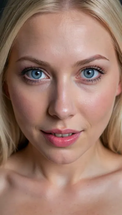 30 YEAR OLD SCANDINAVIAN BIMBO SLUT, VERY EXTREMELY EXTREMELY CLOSE UP, FACE & BREASTS DIRECTLY IN VIEWERS FACE, FACE TO FACE, DIRECTLY IN FRONT OF VIEWER, BIG BOOBS, VERY CLOSE UP, BENDING FORWARD, PALE WHITE FACE, VERY WHITE SKIN, NO SHADOWS, LONG NATURAL BLONDE HAIR, BLUE EYES, BIG BIMBO LIPS, SMILING, SLUT, IN DARK BEDROOM, WOMAN DIRECTLY IN FRONT OF VIEWER UP CLOSE, NUKED, PERFECT FACE, LUSTFUL APPEARANCE