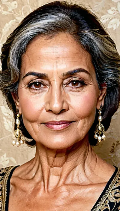 graceful 70-year-old South Asian woman with a balanced oval face and soft, harmonious facial proportions. Her face shows natural, healthy aging rather than exaggerated wrinkles. The forehead has fine to moderate horizontal lines with faint vertical frown lines between the brows. Thick, gently arched eyebrows remain well defined but sit slightly lower due to mild age-related brow descent. She has warm, almond-shaped dark brown eyes with subtle upper eyelid hooding, delicate crow’s feet, mild under-eye hollows, and slight puffiness, preserving a warm, expressive gaze. The nose is straight, slender, and proportionate with minimal age-related change. Moderate loss of cheek volume creates softly defined cheekbones, realistic nasolabial folds, and shallow marionette lines. The lips are medium-full with a natural rose-mauve tone, showing slight thinning and fine vertical lip lines while maintaining a gentle smile. The jawline is softened by mild skin laxity, and the neck displays subtle horizontal creases and gentle platysmal bands consistent with age. Her complexion remains smooth and healthy with an even medium-warm skin tone, fine skin texture, and a natural glow. Thick dark brown hair is styled in loose, face-framing waves with elegant silver-gray streaks concentrated along the center part and temples. She wears refined, understated makeup, ornate gold-and-pearl earrings, traditional formal attire, and is illuminated by soft, flattering lighting against a softly blurred neutral background, creating a highly realistic portrait of dignified, graceful aging.