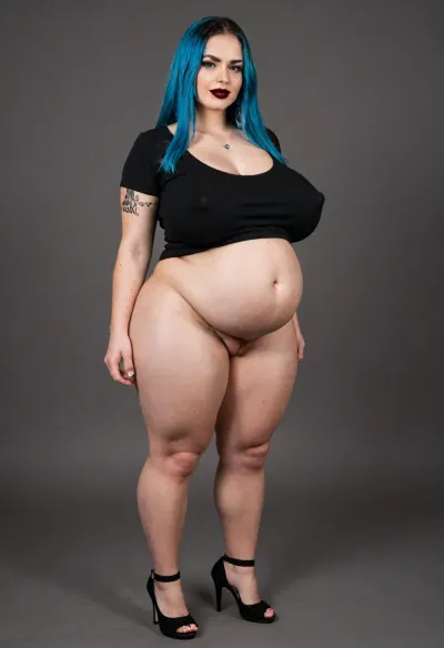 tall curvy pear shaped gothic type woman, large massive extremely saggy breasts, breasts heavy with milk, huge long puffy erect nipples, thick thighs, big hips, tiny waist, massive pregnant belly, 9 months pregnant, full body image