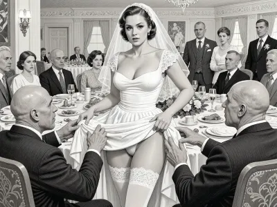 This is is a detailed monochromatic pencil drawing in a classical illustrative style depicts a scene set in USSR, in 1950s, a striking busty bride in a white dress, ((2 ugly bald old men roughly pawing her labia with their fingers)), 2 ugly bald old men mocking, on a festive table during the wedding banquet, She lifts the hem of her wedding dress with her hands, white lace panties, her white stockings are visible, family and parents are watching in their best clothes, a large banquet hall, They celebrate the wedding without noticing the bride, The overall mood is intense, rendered in fine, expressive line work and subtle shading, evoking the style of 1950s satirical or moralistic illustrations.