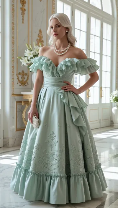 High-fashion full body portrait of a haughty, aristocratic young woman with a disdainful expression, wearing an exquisite sage green "Elegant Ruffle Dress." The dress features a voluminous off-shoulder ruffle bodice, a cinched waist with a matching silk belt, and a full circle skirt adorned with intricate pale-green floral embroidery and a ruffled hem. She is standing in a sun-drenched, opulent neoclassical marble foyer with gold leaf molding and white lilies in the background. She has an icy, judgmental gaze, looking down her nose at the viewer, one hand resting on her hip and the other holding a small designer pearl clutch. Her hair is a flawless, shimmering platinum blonde salon blow-out falling over her shoulders. She wears a single strand of oversized South Sea pearls and diamond stud earrings. Lighting is soft, ethereal daylight filtering through floor-to-ceiling windows, creating a high-contrast look between the soft green fabric and the cold white marble. 8k resolution, shot on Hasselblad H6D, f/2.8, fashion editorial style, hyper-realistic skin textures, cinematic composition.