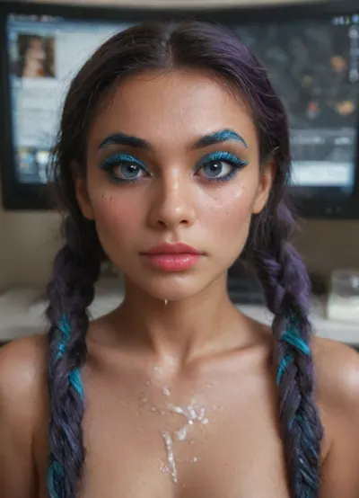 (Am I a very bad girl?), (milk on body:1.2), ((makeup:1.5), long fake eyelashes, blue eyeshadow with glitter), detailxl, res, raw, photo, epiCNegative, m3tall1c, makeup, portrait, metallic, (she's watching a porn movie on the monitor), ((Cute)), (9 Years Old:1), I'm sitting with my legs apart. on a high stool, legs apart, (Indian face:1.9), (((nude))), Very Beautiful, From another world, ((slim figure)), ((whole body visible)), stockings with a butterfly pattern, best quality, photorealism, masterpiece, Perfect Lighting, Cinematic Lighting, Highly Detailed, Ultra-Realistic, Photorealistic, (girl ponytails, purple hair:1.3), There's an inscription in purple lipstick on her tummy. I want to get in the ass., (she's watching the movie "magic Girl":1.7), (latex big lips pussy:1.3), (ejaculation milk on:1.1), My labia look like the lips of a mouth in lipstick
I'm a girl, and my pussy looks exactly like the lips of an open mouth, painted with pink lipstick., from, You're stupid, you don't know where the vagina is.the vagina is located between the legs, A bimbo doll magic wand is inserted into my plump blue anus hole view from bottom to top my pussy is like lips in sticky lipstick, The overall lighting is soft and even, creating a warm and inviting atmosphere., ((topless, bottomless)), ankle bracelets, Highly Detailed Skin, Toned Body, ((blush on face)), ((Big Eyes)), (Perfect Eyes), (perfectly detailed sparkling blue eyes:1.1), eye contact, ((detailed face)), ((short black hair in braided pigtails)), (((detailed innocent face))), I show you my beautiful legs in stockings, A bimbo doll magic wand is inserted into my plump blue anus hole, small, breasts, medium, large, spreading, legs, creampie, pussy, nude, body, closeup, artoflips, uoclips, lips, lipstick, art, of, <lora:nsfw-xl-2.0:1.3>, <lora:Pink_Lips:2>, <lora:Art_Of_Lips_PONY_XL_By_UOC:.8>, <lora:Perfect_Eyes:2>