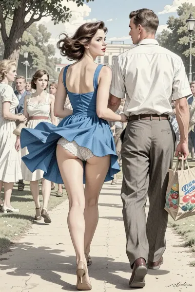 This is is a detailed monochromatic pencil drawing in a classical illustrative style depicts a scene set in USSR in 1960s, Russian, 1950s, bright, colorful colors, summer, bright sunshine, strong wind, beautiful Russian elegant brown hair milf in pin-up style, mother with hourglass figure, (wide hips), she is walking in the park, a strong wind lifts the hems of her blue sundress, (her white lace panties are visible), Her husband is walking next to her in a shirt and trousers, and the woman is holding his arm, a lot of people, seductive faces, The grocery bag in her hand, rear view woman and her husband, The overall mood is intense, rendered in fine, expressive line work and subtle shading, evoking the style of 1950s satirical or moralistic illustrations.