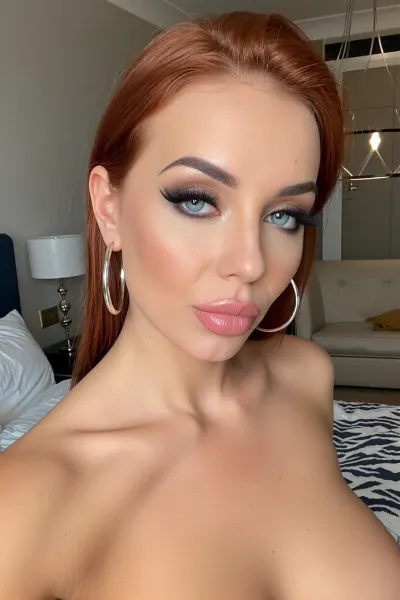 (teasing dating site selfie showing hints of cleavage, professional escort profile photo), (naughty 40yo stepmom:8), (handsome girl-next-door face, long face, high full cheekbones), (red hair cut in an elegant chic style), (immaculate heavy milf makeup including a thick foundation and dark eyeshadow and long false eyelashes, thin dark penciled in eyebrows, large heavy hoop earings), (foxy blue eyes), (luscious oval lips with soft pillowy creases), cozy luxury bedroom with minimalist decor