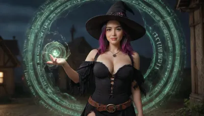 Asian witch with glowing green eyes, black long straight hair with purple highlights, winking, torn witch hat and torn black witch costume, heavy make-up, wearing a belt with a skull buckle, (erotic pose), sideview, in witch house at night, glowing green magic circle in the background, Big Breasts, smiling, zavy-lghttrl, perfect, skin, blemish, detailed, The, Night, Attacks, 1, kooo123, koooenako, <lora:zavy-lghttrl-sdxl:2>, <lora:polyhedron_all_sdxl-000004:2>, <lora:Enako_v1_XL:.8>, <lora:Portrait_perfection:.8>, green, eyes, blue, brown, perfecteyes, <lora:PerfectEyesXL:.8>