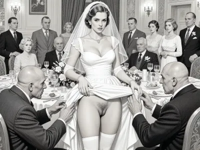 This is is a detailed monochromatic pencil drawing in a classical illustrative style depicts a scene set in USSR, in 1950s, a striking busty bride in a white dress, ((2 ugly bald old men roughly pawing her labia with their fingers)), 2 ugly bald old men mocking, on a festive table during the wedding banquet, She lifts the hem of her wedding dress with her hands, hairy pussy, her white stockings are visible, family and parents are watching in their best clothes, a large banquet hall, They celebrate the wedding without noticing the bride, The overall mood is intense, rendered in fine, expressive line work and subtle shading, evoking the style of 1950s satirical or moralistic illustrations.