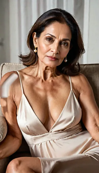South Asian mature woman, 70 year old, facial features The forehead shows fine to moderate horizontal wrinkles along with faint vertical lines between the eyebrows. Naturally full, gently arched eyebrows remain well defined but sit slightly lower due to mild age-related brow descent. The almond-shaped brown eyes remain expressive, though mild upper eyelid hooding, under-eye hollows, slight puffiness, and fine crow’s feet contribute to a mature appearance. The straight, proportionate nose exhibits minimal age-related change. The cheeks show moderate volume loss, creating a leaner mid-face with more noticeable nasolabial folds and subtle hollowing beneath the cheekbones. The lips are slightly thinner than in youth but remain well defined, accompanied by fine vertical lip lines and shallow marionette lines extending from the corners of the mouth. The jawline appears softer with mild skin laxity along the lower face, while the neck displays visible platysmal bands, horizontal neck lines, and slight looseness beneath the chin. The skin retains a healthy, even complexion despite fine and moderate wrinkles around the forehead, eyes, and mouth. Dark hair with natural gray at the temples and center part. Lying back in an oversized chair with her, legs slightly open, black nylon panties, and a lose white night dress, full body view.