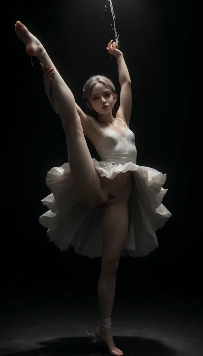 50 year old ballerina standing, ballet robe, one leg raised, (((vagina ejaculating on viewer))), pussy squirt, age lines on face and body, pale, very long grey hair, grey pubic hair, ballet tights, ballet skirt, barefoot, red pedicure, intense orgasm facial expression, dark ballet hall, abandoned ballet hall, (red and blue neon lighting), (black and white horror scenes projected onto all walls in the background), (photorealistic), (realistic), 1D, seamless, 20D, <lora:Adjust_SDXL_v3.0:2>, <lora:detailed_notrigger:2>, <lora:dark:2>, <lora:CinematicStyle_v1:2>, <lora:add-detail-xl:2>