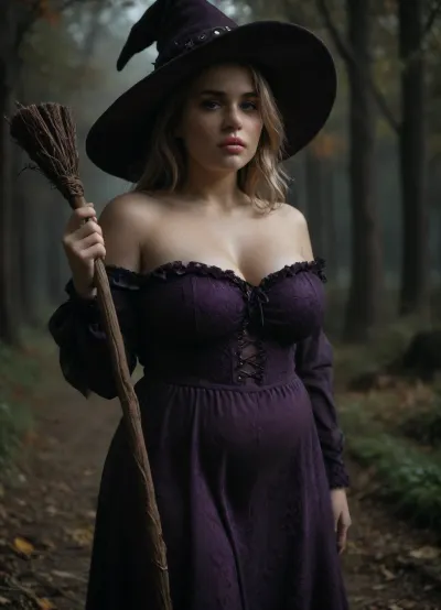 Wizard School, (Portrait:1), extremely detailed, candid Halloween picture, realistic photograph of a cute, 30-year old witch, aroused, Caucasian American, ugly pale skin, big witch hat, big chubby face, Flushed Cheeks, black eye shadow, eye liner, dark lips, (glossy lips, wet), (massive bulging bust), fat round face, greasy blonde hair, (detailed chubby face), (purple black lacy witch dress), sexy teasing, holding broomstick, standing on lawn of hounded mansion, autumn, foggy, mystic, (fully clothed), shoulders, <lora:SDXLHighDetail_v6-000005:1>, <lora:runga_8.1-000002:.5>, <lora:dark:.8>, Dark, Fantasy, page, <lora:Dark Fantasy:.8>, green, eyes, blue, brown, perfecteyes, <lora:PerfectEyesXL:.8>