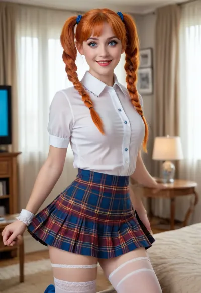 (in style of Disney old vintage cartoon), short, cute, orange long pigtails and short fringe, bright blue eyes, naughty smile, very big tits, slim waist, small ass, perfect legs, man's half-unbuttoned white shirt, very short tartan pleated skirt, white stockings with lace garter, watching tv in her living room