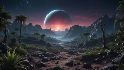 by night, alien planet, alien jungle, some planets satelite visible in sky