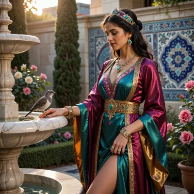 ((over-detailed professional photography, masterpiece, epic photorealism)), DSLR camera, best resolution, uhd, perfect composition of lights and shadows, the brightest image, clear focus.
Sharp ultra-detailed face and hands and bird, A radiant young concubine with beautiful face, stands with a leg slightly folded at the edge of a marble fountain, with a smile which is both gentle and elegant. Her, (perfect and delicate), hand is reaching out to a, (small realistic detailed), bird perched on the fountain's edge. She wears a vivid jewel-toned silk caftan, long flowing sleeves, layered robe, emerald and ruby tones, gold jewelry glinting at her wrists and throat, her dark hair adorned with an ornate jeweled headpiece. Behind her, the Ottoman palace garden softly blurred, roses, cypress trees, walls decorated with Iznik tile patterns in blue and turquoise. There is a quiet longing in her posture, a private moment stolen between duty and daydream, as though for this instant she belongs not to the palace but to the small creature free to fly at will. The late afternoon sun falls in warm golden light, catching soft reflections on her skin and jewelry, wrapping her silhouette in a soft, painterly glow, the whole scene rendered with rich, saturated color and a cinematic, emotional atmosphere.