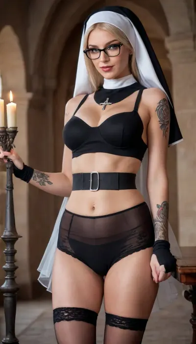 (Sexy Sweet Tempting Woman), Professional sexy seduction modelposes, supermodel, perfect lighting, ultra realistic, 8k resolution, ultra detailed, instagram model, professional photography, night, dim lighting, Ancient Castle, Candlesticks, Crusaders, Book, ((cosplay Battle nun)), luxurious ash blond hair, Blue eyes, Sexy lips, (sheer tulle, nun clothing), (Black, chain garter belt, stockings), rounded glasses, (Sexy tattoo:1.4), natural big round breasts, nordic, shy smile, flirty, bashful, seductive, lusty, playful, Healthy slim body, Tall, very long legs, hourglass figure, Sweet face, perfect face, lifelike face, real face, very beautiful face, detailed face
