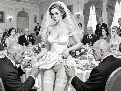 This is is a detailed monochromatic pencil drawing in a classical illustrative style depicts a scene set in USSR, in 1950s, a striking busty bride in a white dress, ((2 ugly bald old men roughly pawing her labia with their fingers)), 2 ugly bald old men mocking, on a festive table during the wedding banquet, She lifts the hem of her wedding dress with her hands, white lace panties, her white stockings are visible, family and parents are watching in their best clothes, a large banquet hall, They celebrate the wedding without noticing the bride, The overall mood is intense, rendered in fine, expressive line work and subtle shading, evoking the style of 1950s satirical or moralistic illustrations.