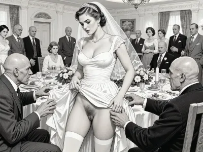 This is is a detailed monochromatic pencil drawing in a classical illustrative style depicts a scene set in USSR, in 1950s, a striking busty bride in a white dress, ((2 ugly bald old men roughly pawing her labia with their fingers)), 2 ugly bald old men mocking, on a festive table during the wedding banquet, She lifts the hem of her wedding dress with her hands, hairy pussy, her white stockings are visible, family and parents are watching in their best clothes, a large banquet hall, They celebrate the wedding without noticing the bride, The overall mood is intense, rendered in fine, expressive line work and subtle shading, evoking the style of 1950s satirical or moralistic illustrations.