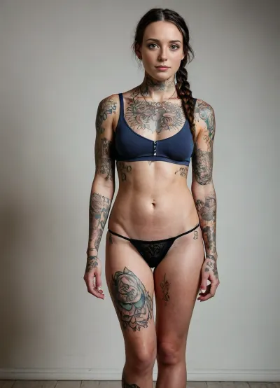 A woman with full body tattoos. Brunette, braids, uneven skin tone, blemishes, FRESHIDEAS, Real, Photography, 2#, <lora:FRESHIDEAS Real Photography 2#:.4>