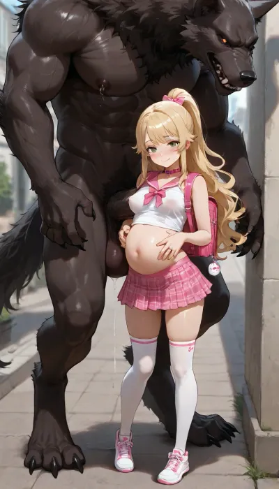 (masterpiece, best quality, highres, anime style), BREAK, 1girl, (Lana), 1werewolf, (Alpha), BREAK Lana, petite, really short, sweet, happy, small pregnant stomach, big green eyes, slender legs, ((long wavy blonde hair)), hair in a ponytail, medium breasts, massive nipples, puffy nipples, long nipples, heavily lactating, lots of white milk, white button up with pink collar, breast’s covered by blouse, white thigh high socks, white sneakers, pink tiny checkered skirt, pink backpack purse, wedding ring, cum dripping down Lana’s legs, wedding ring
Alpha, giant werewolf, scarred, extremely muscular, extremely tall, huge cock, thick wedding ring
BREAK Alpha and Lana are standing on the sidewalk, ((ALPHA is touching Lana’s ass)), (Natural light, explicit, nsfw)