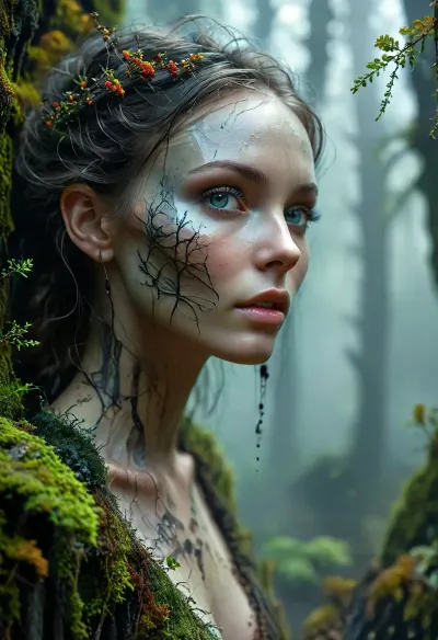(Dark Cursed Fantasy Artwork), (smooth rendering and vibrant colors), outdoor, artistic, low angle, a cursed forest hag emerges from a curtain of thick hanging moss, her form is a grotesque fusion of anatomy and nature, her skin resembling cracked gray bark from which tiny mushrooms sprout, she wears a garment of living cobwebs and dried peat, her face is a map of ancient malice, eyes like swirling mists, teeth of polished obsidian, slender gray-skinned claws clutch a staff of blackened rowan wood topped by an ancient skull, in the background a mist-shrouded primeval forest stretches out, ghostly dust-filled shafts of light, /KlTTY-ART/, <lora:COMFYUI_mimic_landscape_-_XL_SDXL v2.0:.1>, <lora:attractive_notrigger:.1>, <lora:MJ52:.1>, <lora:flat_chested_v3.5:.1>