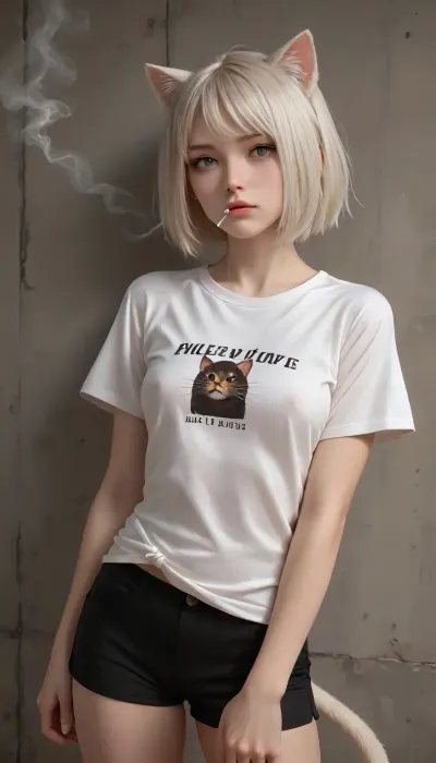 Girl cat in the wall, all white hair, white t-shirt, black shorts, smokes a white cigarette, medium cut, cat ears, brown cat tail, nipples are showing through the T-shirt, unkempt, sexy, solo, <lora:merratatustle_illustrious_v1_vpred:2>