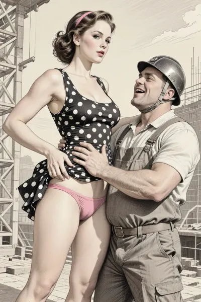 This is is a detailed monochromatic pencil drawing in a classical illustrative style depicts a scene set in USSR in 1950s, bright, colorful colors, summer, bright sunshine, Beautiful sexy brown elegant hairstyle mother stands leaning over at the construction site, wearing in polka dot summer dress, the hem of the dress is pulled up, pink panties are visible, fully clothed very ugly lustful fat construction worker in the coverall and a construction helmet who are hard Grabs her hips with his hand, looking up, seductive face, The man laughs mockingly, The overall mood is intense, rendered in fine, expressive line work and subtle shading, evoking the style of 1950s satirical or moralistic illustrations.