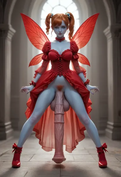 futanari, devil, evil, red skin, ginger, ((youthful small very puffy pointed ski-jump breasts with huge areolas:1.3)), natural breasts, cleavage, ((massive heavy detailed red equine cock and balls:1.3)), excessive pubic hair, (old milf:1.11), tiny odd little pixie, long spindly arms and mantis-like proportions, no pupils, glowing eyes, anime style, blue skin, f/1.4 lens, bokeh, tiny Daisy fairy princess, insect wings, see-through gossamer, in heat, in a video game, bombshell hair, glowing ginger hair, side ponytail, handstand, show full body in view, victorian, red dress, <lora:EnvyPixieXL01:.8>, <lora:victorian_dress-XL-2.0:.8>