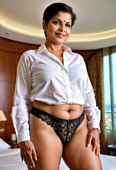 South Indian woman, 60 year old mature woman, upper class woman. A dramatic low-angle photograph of her standing above the camera, ((viewed from directly beneath her body)), . The camera is positioned extremely low, near ground level, looking sharply upward between her parted legs., ((Direct view of her crotch between parted legs)), visible ass cheeks, The perspective creates strong vertical distortion and emphasizes her height. chubby body, (muscular thighs and glutes), black lace panties, white loose long over sized Shirt, Unbuttoned shirt, sexy sultry smile, razored pixie cut hair, extremely short hair, distinctly circular face, rounded cheeks, a broad mid-face, a gently curved jawline, and a rounded chin, giving an overall circular appearance, standing in luxurious hotel room