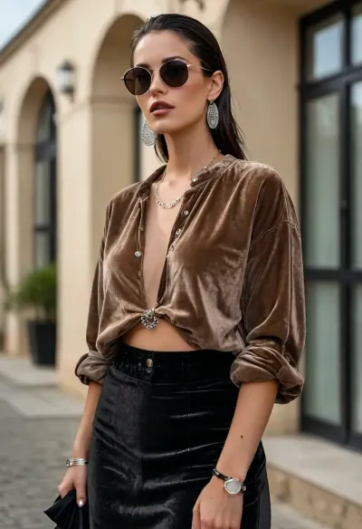 (masterpiece, best quality:1.2), 1 french 25yo woman, fashion influencer, she poses lasciviously and cheekily, (she wears a dark silver-brown colored baggy velvet round neck overshirt, plain long black skirt:1.4), outside a modern luxury villa, short slicked-back raven black hair, (modern styled with jewelry, earrings, bangles, necklaces, silver belly chain:1.4), bright blue eyes, dark sunglasses, photorealism, <lora:style_lora_realis:.5>, <lora:slicked-back_hair-000006:.5>