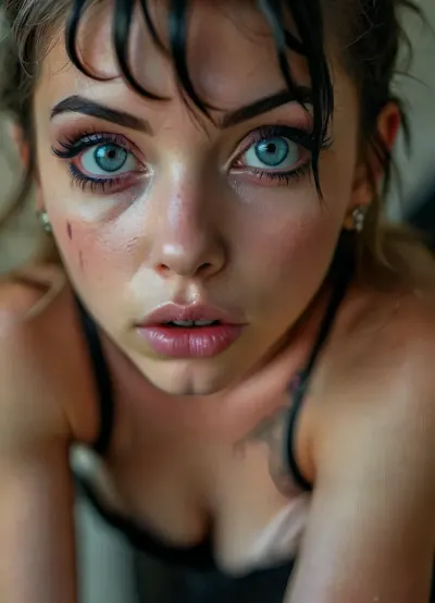 Elf, elf ears, pointed ears, Cinematic still, (18yo woman), submissive, cute, gorgeous, freckles, ((slim:1.4)), ((muscular:1.3)), ((ing small:1.4)), (black mystical body tattoos:1.6), perfect round breasts, piercing, dark makeup, eyeliner, eyeshadow, mascara, long eyelashes, slim waist, black stockings, black choker, very long pink hair, striking facial features, (bright blue eyes), sad eyes, narrow face, wet skin, silver jewelry, on bed in a bright bedroom, (crawling over the viewer:1.5), (((looking directly to the viewer))), (everywhere:1.5), mouth closed, kiss mouth, (ruined makeup:1.4), (ruined hairstyle:1.7), on s, dripping, devot, (closeup face:1.7), view from below, 4k epic detail, shot on kodak, 35mm photo, sharp focus, high budget, cinemascope, moody, epic, film grain, grainy, score_9, score_8_up, score_7_up, rating, explicit, big_eyes, but, <lora:style_lora_realis:2>, <lora:BUT_SDXL_SHS:2>, <lora:SDXLHighDetail_v6-000005:2>