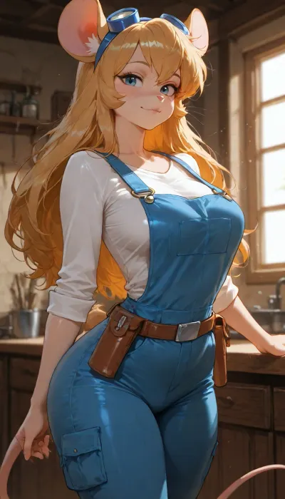 masterpiece, best quality, absurdres, newest, highres, very aesthetic, 1girl, solo, mature female, adult, gadget_hackwrench, chip 'n dale rescue rangers, furry female, mouse girl, anthro, animal ears, mouse ears, mouse tail, animal nose, body fur, whiskers, long hair, blonde hair, messy hair, blue eyes, beautiful detailed eyes, medium breasts, narrow waist, thick thighs, shiny skin, blue jumpsuit, blue overalls, mechanic jumpsuit, open jumpsuit, white shirt under jumpsuit, goggles on head, cerulean goggles, tool belt, standing, looking at viewer, slight smile, blush, workshop, detailed background, soft lighting, cinematic lighting, intricate details, highly detailed, detailed face, detailed eyes