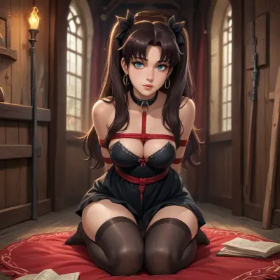 rin tohsaka from fate zero dross style reiq meets, woman, A sexy goth girl wearing a thick collar and black stockings stood in a medieval style BDSM dungeon in rope bondage