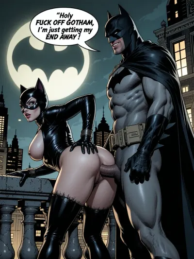 Photorealistic. Side view standing Batman bends Catwoman over a railing and fucks her ass. Massive tits, hairy pussy, Night. a 28 YO voluptuous woman in a Catwoman costume and mask on a balcony in New York, she is leaning over the railings and being fucked doggystyle by a big burly man dressed in a full Batman costume with flowing cape. He is standing behind her with his veiny penis in her anus. He is looking up at the sky. Evil grin There is a circular searchlight beam in the sky with a dark outline of a bat on it.
Speech bubble at top. “ Holy FUCK OfF GOTHAM, I’m just gettting my END AWAY ! “ comic book font