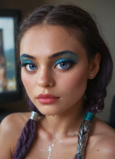 (Am I a very bad girl?), (milk on body:1.2), ((makeup:1.5), long fake eyelashes, blue eyeshadow with glitter), detailxl, res, raw, photo, epiCNegative, m3tall1c, makeup, portrait, metallic, (she's watching a porn movie on the monitor), ((Cute)), (9 Years Old:1), I'm sitting with my legs apart. on a high stool, legs apart, (Indian face:1.9), (((nude))), Very Beautiful, From another world, ((slim figure)), ((whole body visible)), stockings with a butterfly pattern, best quality, photorealism, masterpiece, Perfect Lighting, Cinematic Lighting, Highly Detailed, Ultra-Realistic, Photorealistic, (girl ponytails, purple hair:1.3), There's an inscription in purple lipstick on her tummy. I want to get in the ass., (she's watching the movie "magic Girl":1.7), (latex big lips pussy:1.3), (ejaculation milk on:1.1), My labia look like the lips of a mouth in lipstick
I'm a girl, and my pussy looks exactly like the lips of an open mouth, painted with pink lipstick., from, You're stupid, you don't know where the vagina is.the vagina is located between the legs, A bimbo doll magic wand is inserted into my plump blue anus hole view from bottom to top my pussy is like lips in sticky lipstick, The overall lighting is soft and even, creating a warm and inviting atmosphere., ((topless, bottomless)), ankle bracelets, Highly Detailed Skin, Toned Body, ((blush on face)), ((Big Eyes)), (Perfect Eyes), (perfectly detailed sparkling blue eyes:1.1), eye contact, ((detailed face)), ((short black hair in braided pigtails)), (((detailed innocent face))), I show you my beautiful legs in stockings, A bimbo doll magic wand is inserted into my plump blue anus hole, small, breasts, medium, large, spreading, legs, creampie, pussy, nude, body, closeup, artoflips, uoclips, lips, lipstick, art