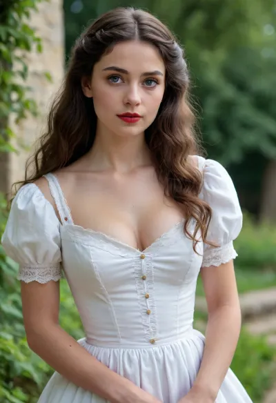 scene from beginning of 19th century, early 19th century setting, historically authentic entourage, province small french town, hot french young beauty, scinny body, deep-black long bushy wavy hair, hair's loose around shoulders, slightly oval pretty face, defined eyebrows, bright large blue eyes, long bushy eyelashes, accurate straight nose, plump well defined red lips, pointed chin, long neck, narrow shoulders, big pointed breasts, slim waist, small ass, perfect shaped legs, dressed in 19th century fashion, light white summer dress with very low and wide neckline which opens her shoulders and breassts down to nipples