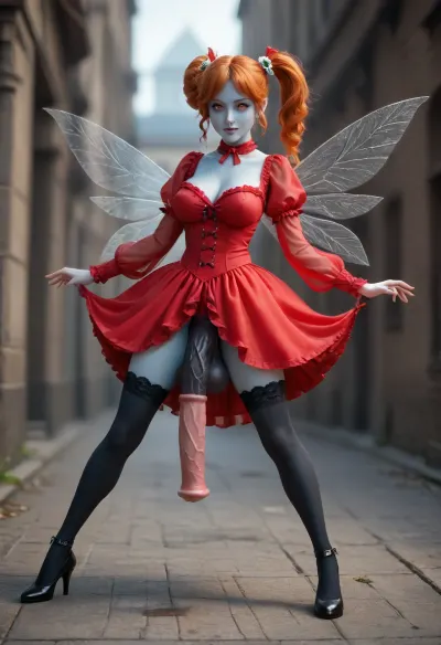futanari, devil, evil, red skin, ginger, ((youthful small very puffy pointed ski-jump breasts with huge areolas:1.3)), natural breasts, cleavage, ((massive heavy detailed red equine cock and balls:1.3)), excessive pubic hair, (old milf:1.11), tiny odd little pixie, long spindly arms and mantis-like proportions, no pupils, glowing eyes, anime style, blue skin, f/1.4 lens, bokeh, tiny Daisy fairy princess, insect wings, see-through gossamer, in heat, in a video game, bombshell hair, glowing ginger hair, side ponytail, handstand, show full body in view, victorian, red dress, cyborg, style, android, <lora:EnvyPixieXL01:.8>, <lora:victorian_dress-XL-2.0:.8>, <lora:cyborg_style_xl-alpha:.8>